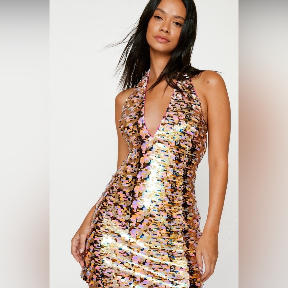 Gold + Multicolored Sequin Halterneck Dress
